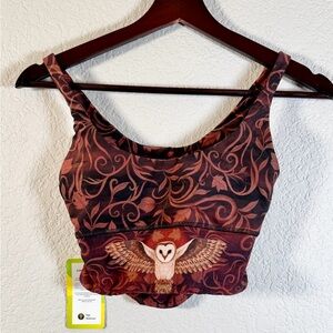 Yoga Democracy NWT Owl Print Black Brown Boho Cottagecore Pilates Bra Top XS